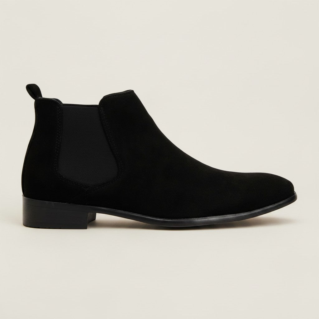 Men's suede square-toe Chelsea boots, black with black side elastics and sole
