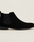 Men's suede square-toe Chelsea boots, black with black side elastics and sole