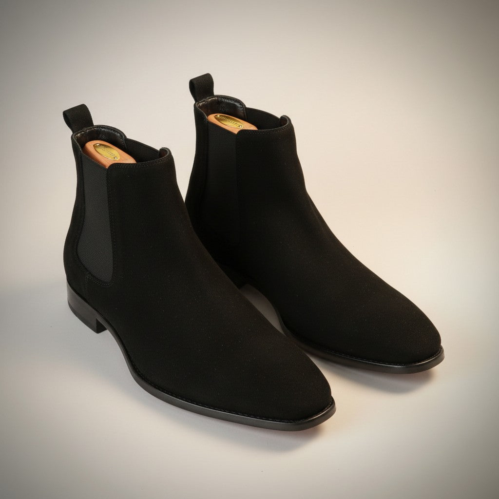 Men's suede square-toe Chelsea boots, black with side elastics, black sole