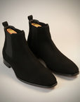 Men's suede square-toe Chelsea boots, black with side elastics, black sole