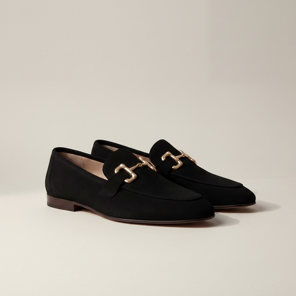 Black suede loafers with horsebit detail, almond toe slip-on shoes
