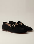 Black suede loafers with horsebit detail, almond toe slip-on shoes