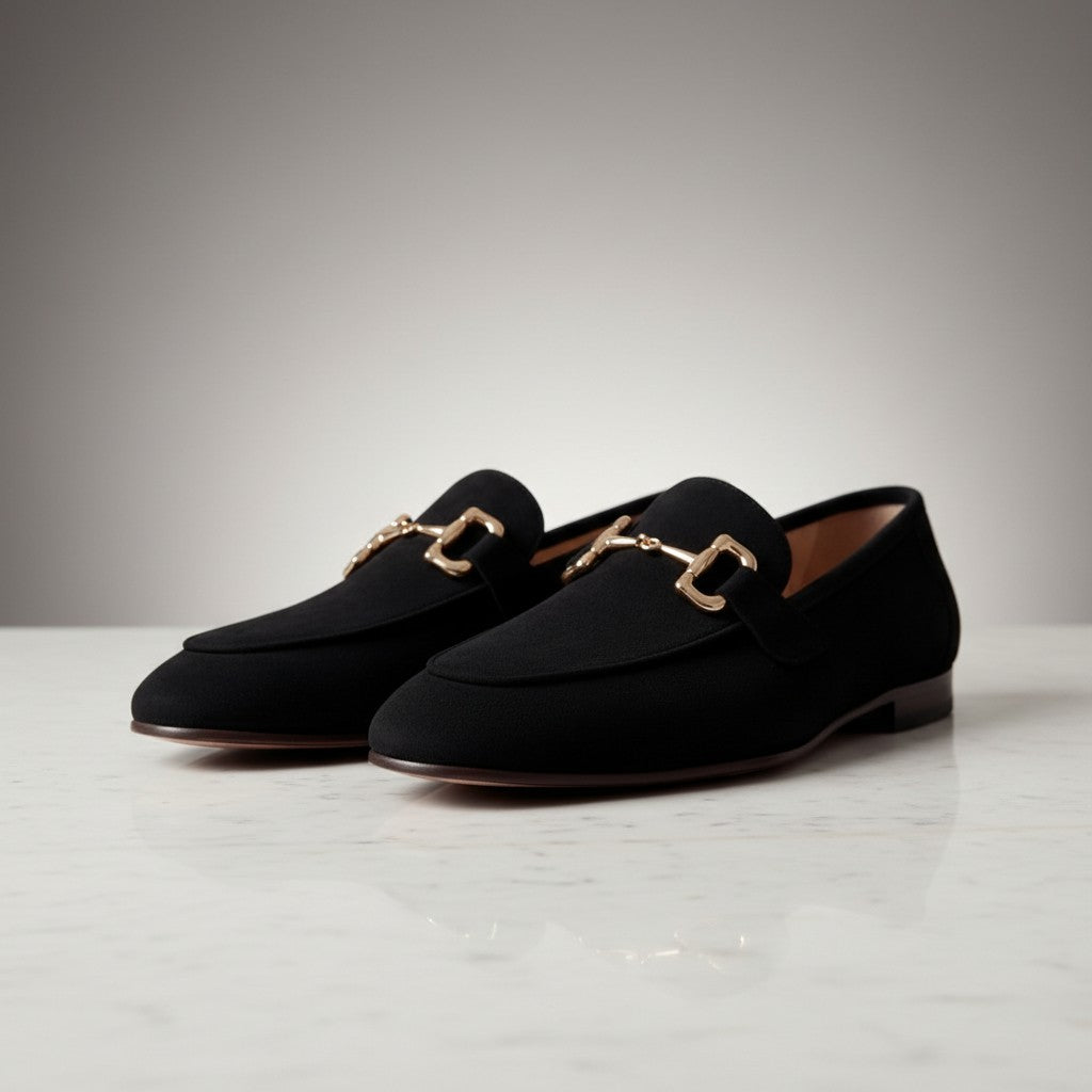 Black suede loafers with horsebit detail, almond toe slip-on shoes