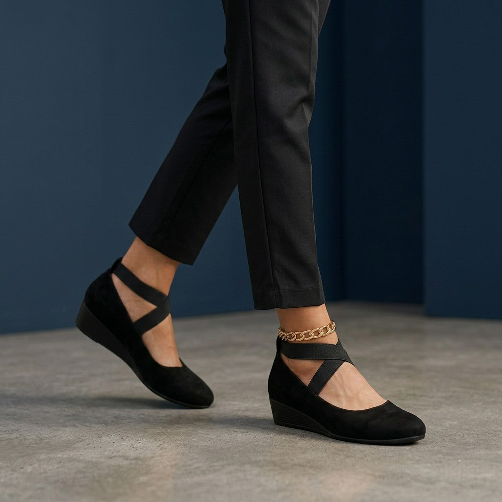 Black wedge ballet flats with ankle strap and cross strap detail, closed toe.