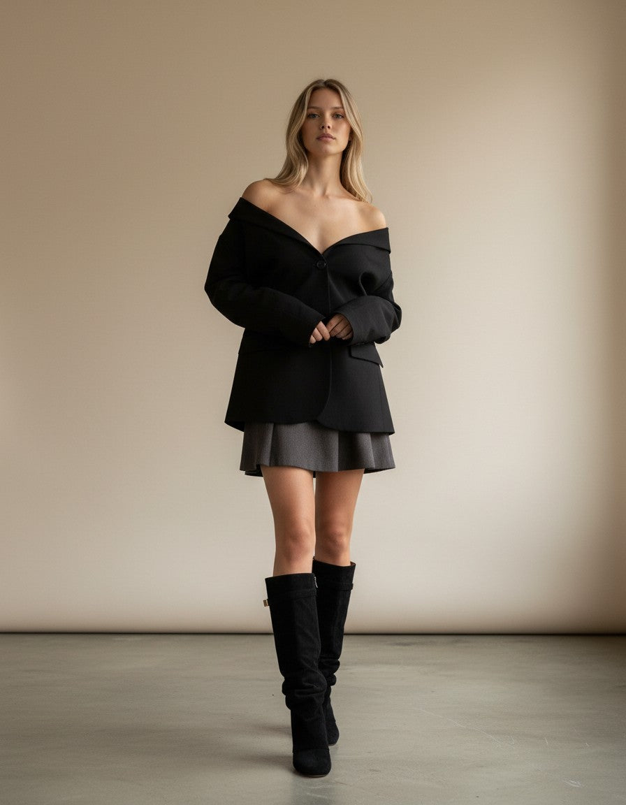 Black knee-high slouch boots on model, side profile, gold buckle at top