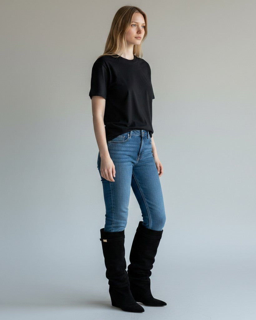 Black knee-high slouch boots with gold buckle, worn with blue jeans
