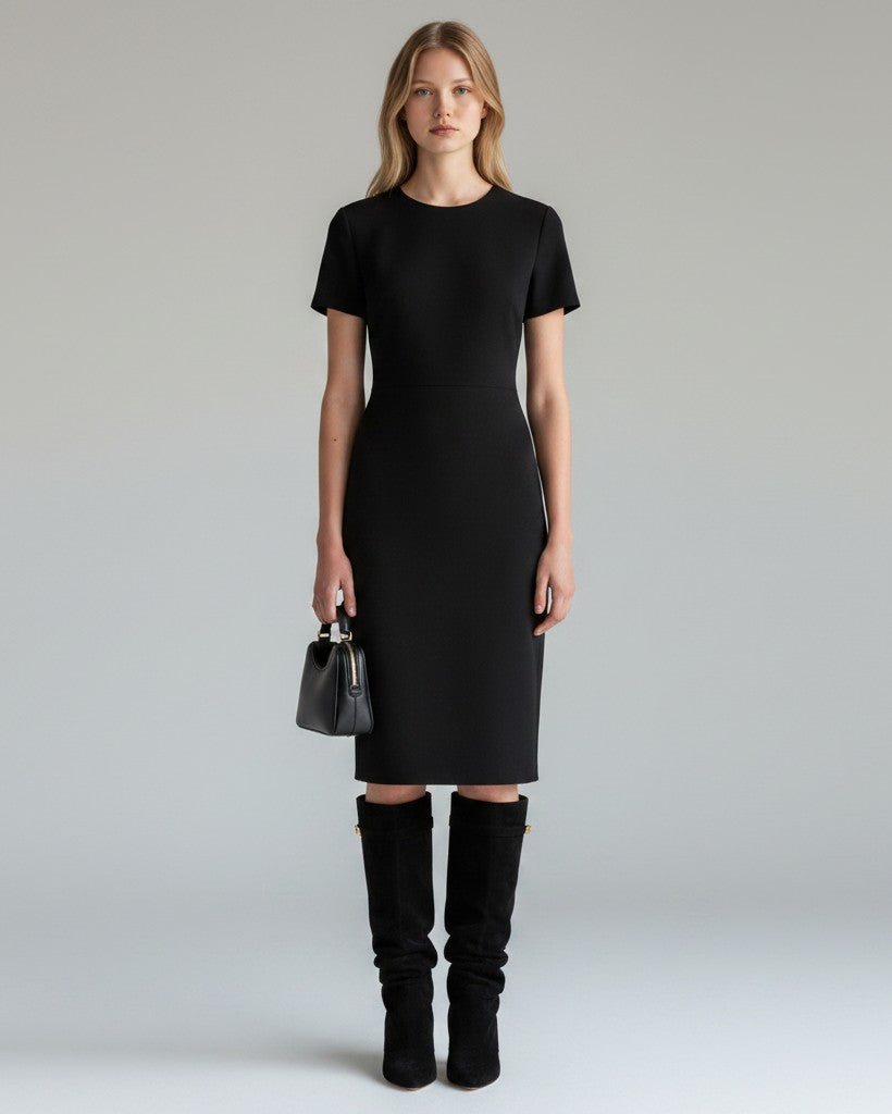 Black knee-high slouch boots on model, pull-on style with gold buckle detail
