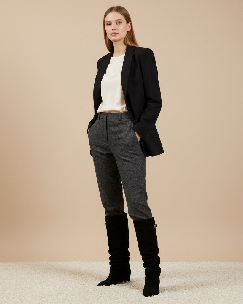 Black knee-high slouch boots with gold buckle, worn with dark trousers