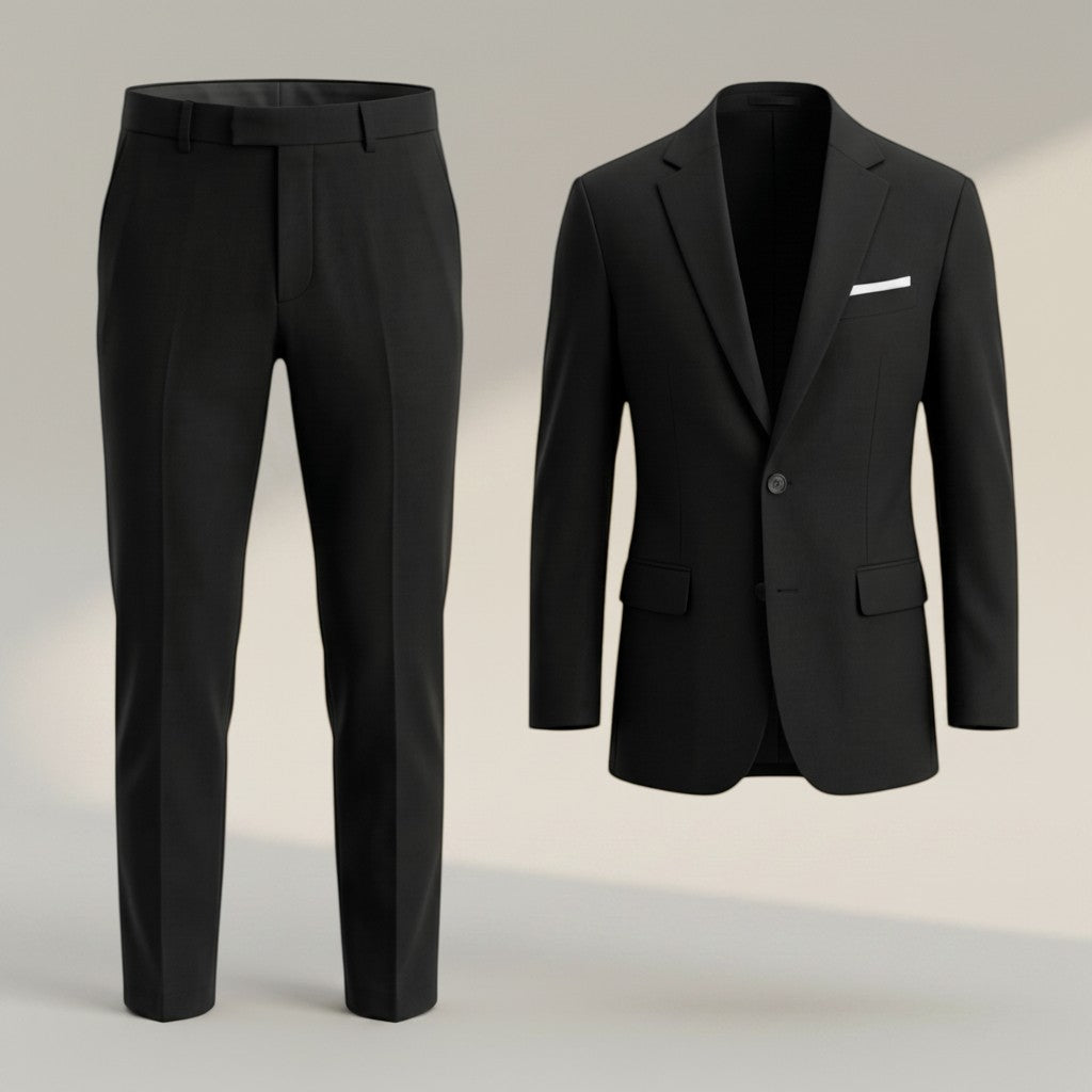 Black tailored suit set with straight-leg trousers and single-breasted blazer