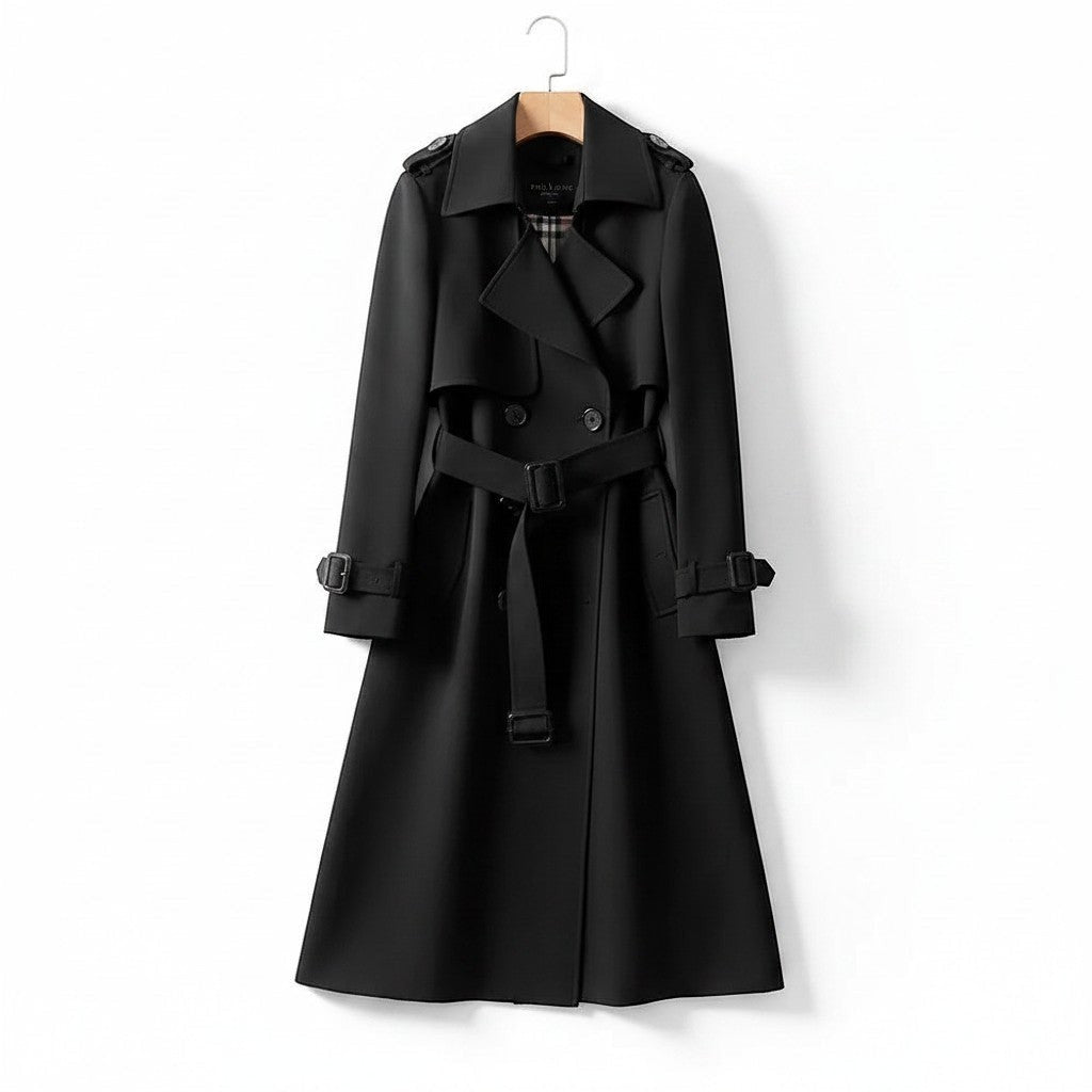 Black long trench coat with double-breasted front, belted waist, and shoulder straps.