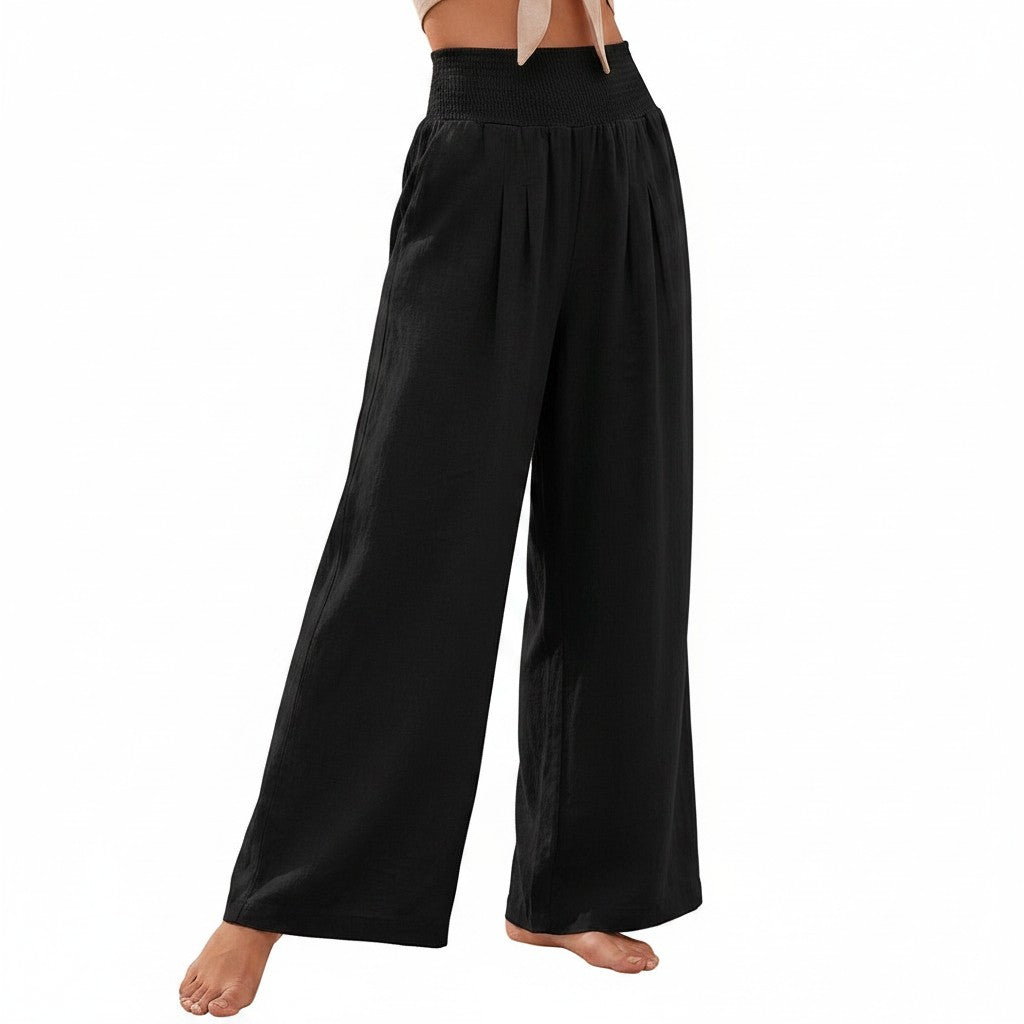 Black smocked high-waist wide-leg pants with gathered elastic waistband