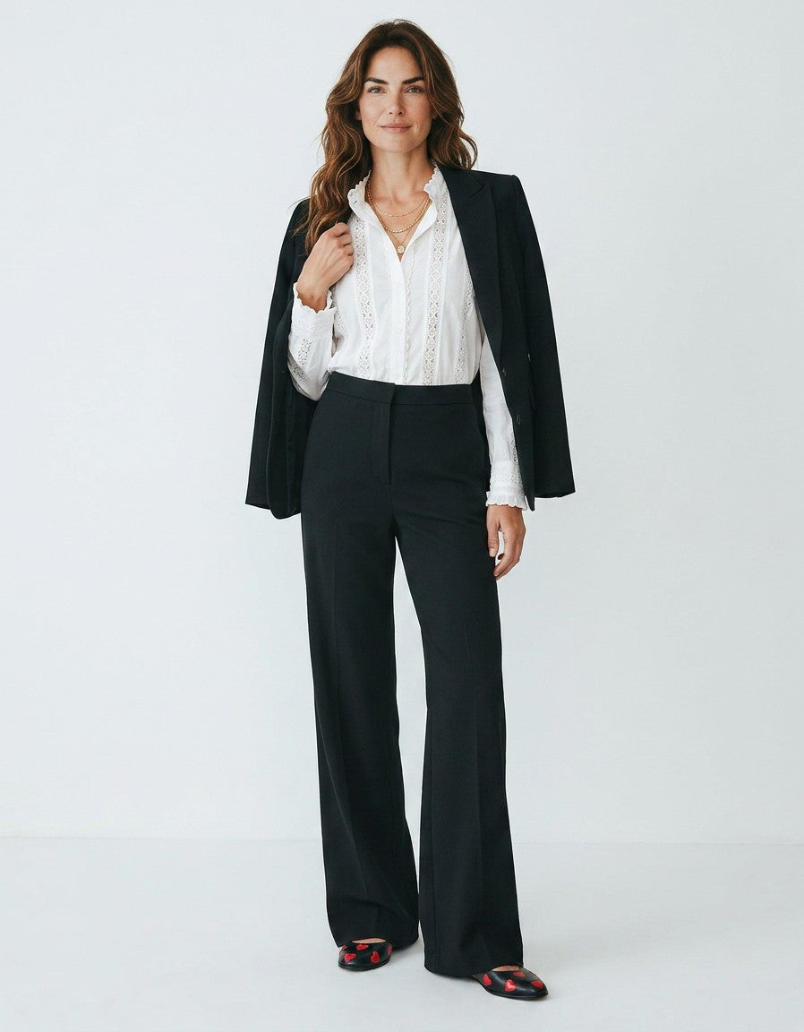 Women’s high-waisted wide-leg trousers, black, with belt loops, front view