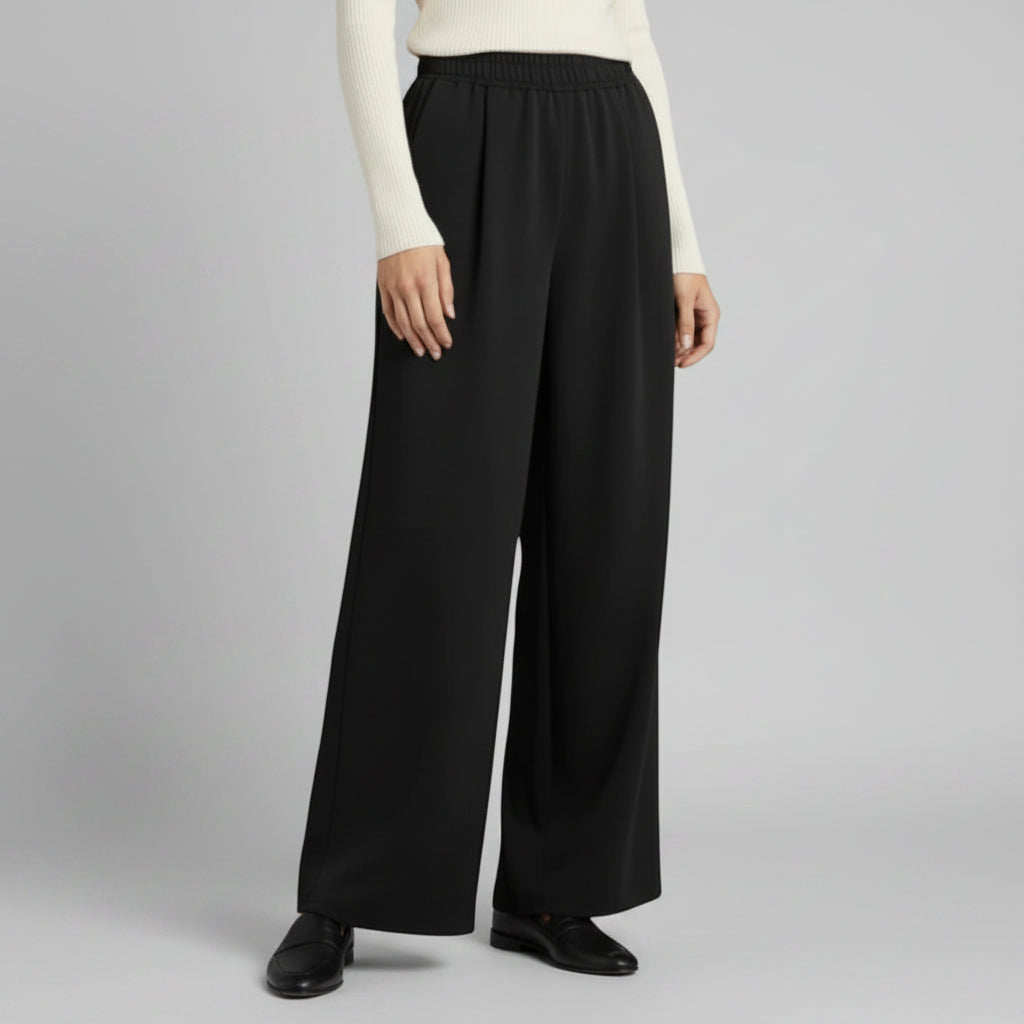 Wide-leg trousers with elastic waist, pleated front, black