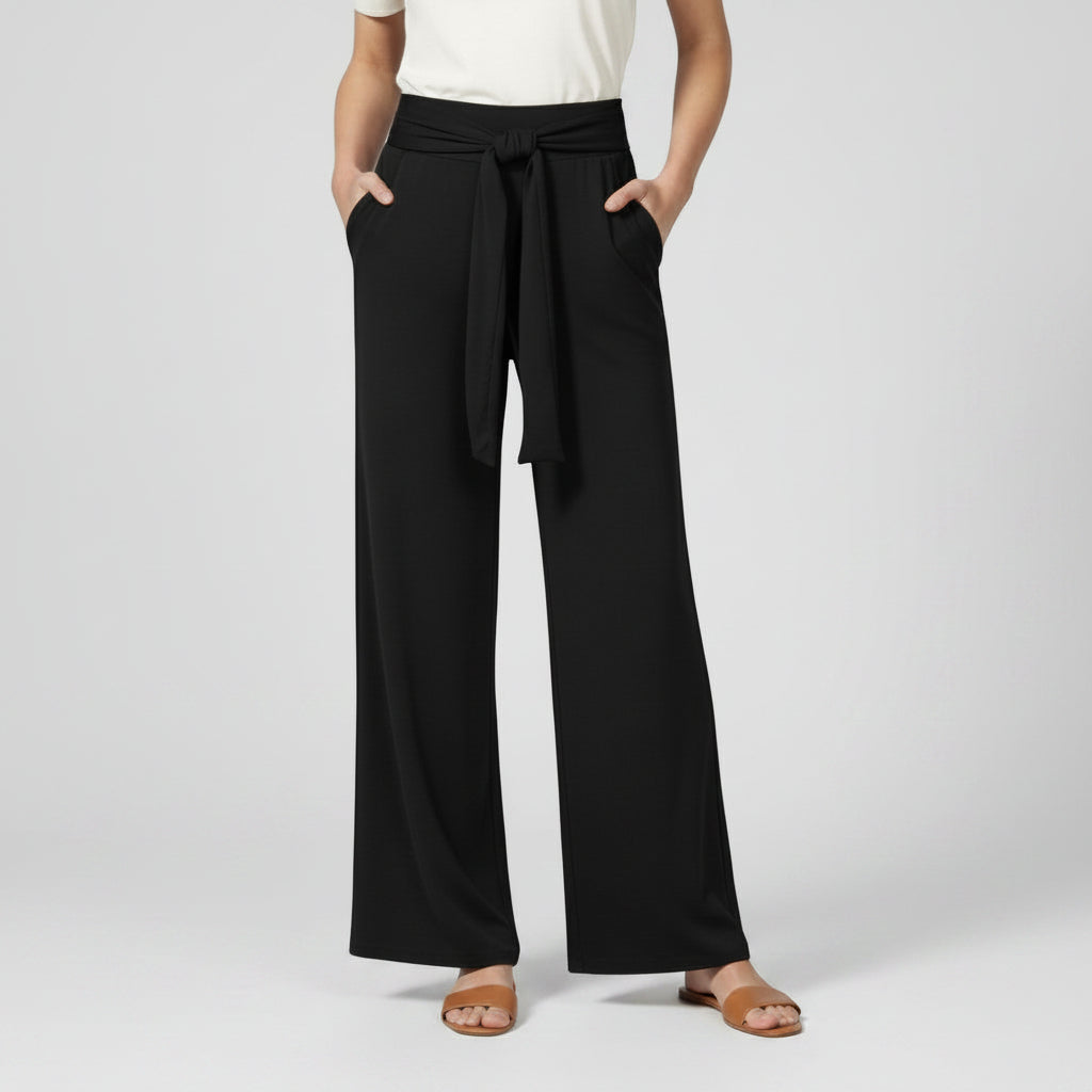 Black relaxed wide-leg trousers with tie waist and draped front.