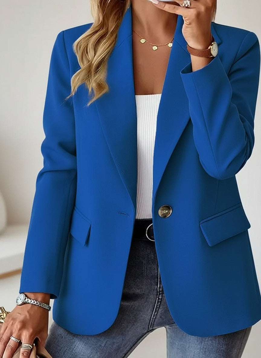Blue button blazer with notch lapels, gold button, and flap pockets