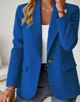 Blue button blazer with notch lapels, gold button, and flap pockets