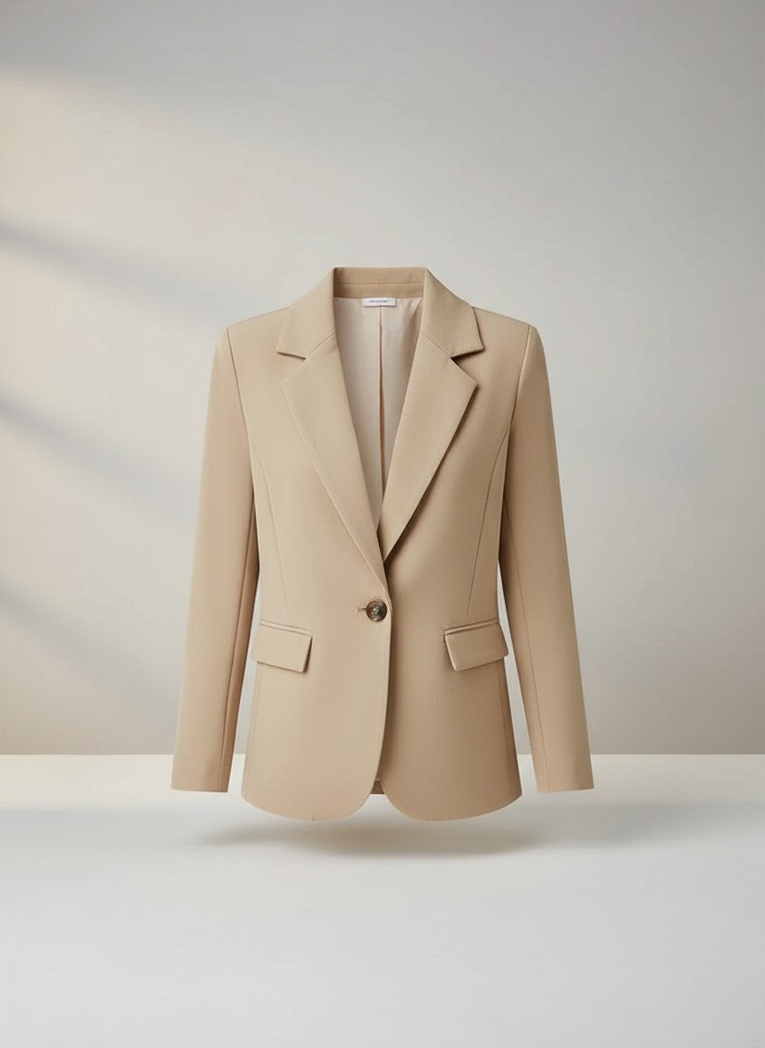 Beige button blazer with notch lapels and two flap pockets