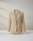 Beige button blazer with notch lapels and two flap pockets
