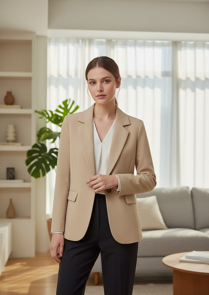 Beige women's button blazer with notch lapels and flap pockets, long sleeves