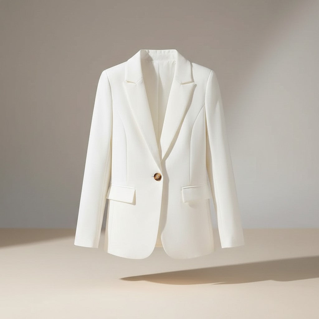 White button blazer with notch lapels and flap pockets