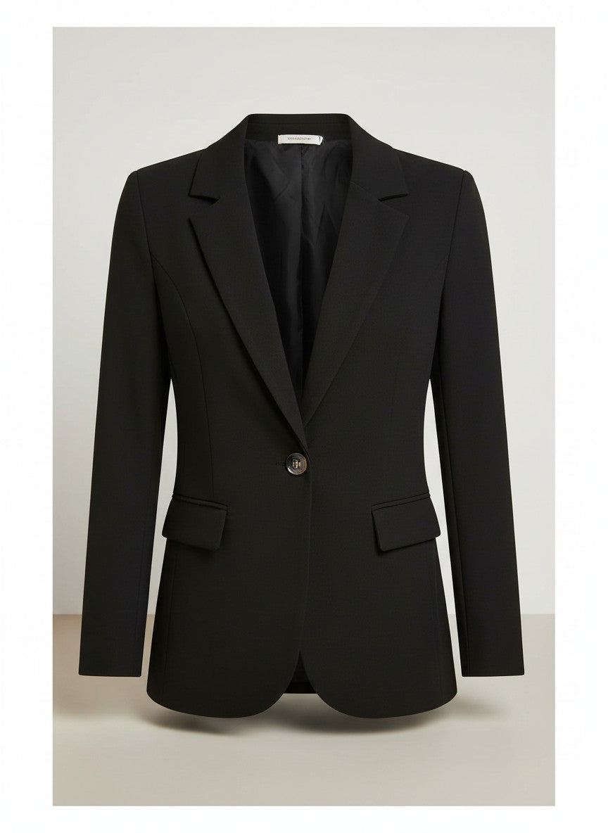 Black button blazer with notch lapels and two flap pockets