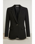Black button blazer with notch lapels and two flap pockets