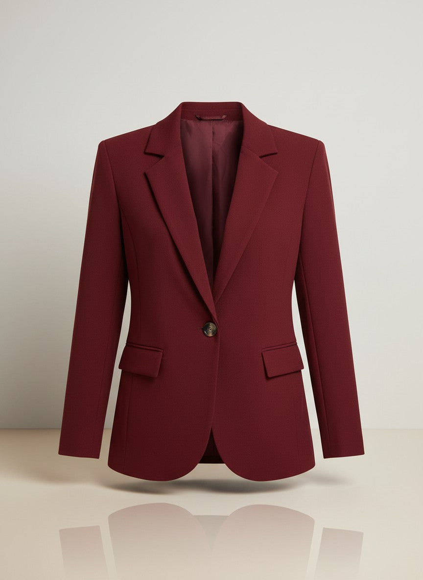 Wine red button blazer with notch lapels and two flap pockets