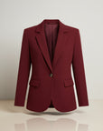 Wine red button blazer with notch lapels and two flap pockets