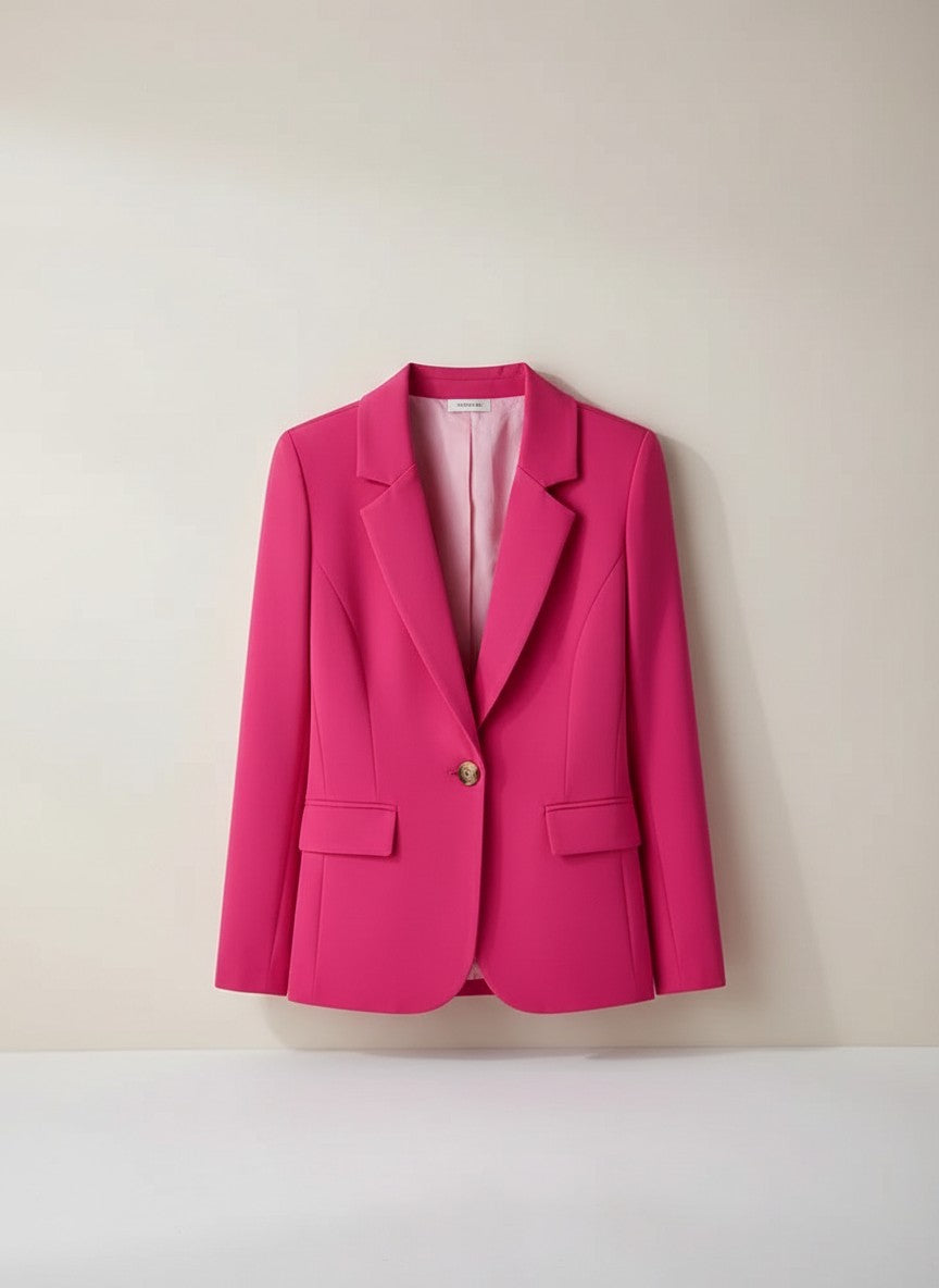 Pink button blazer with notch lapels, gold button, and flap pockets