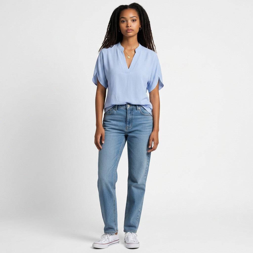 Light blue lightweight chiffon blouse with V-neck and short flutter sleeves