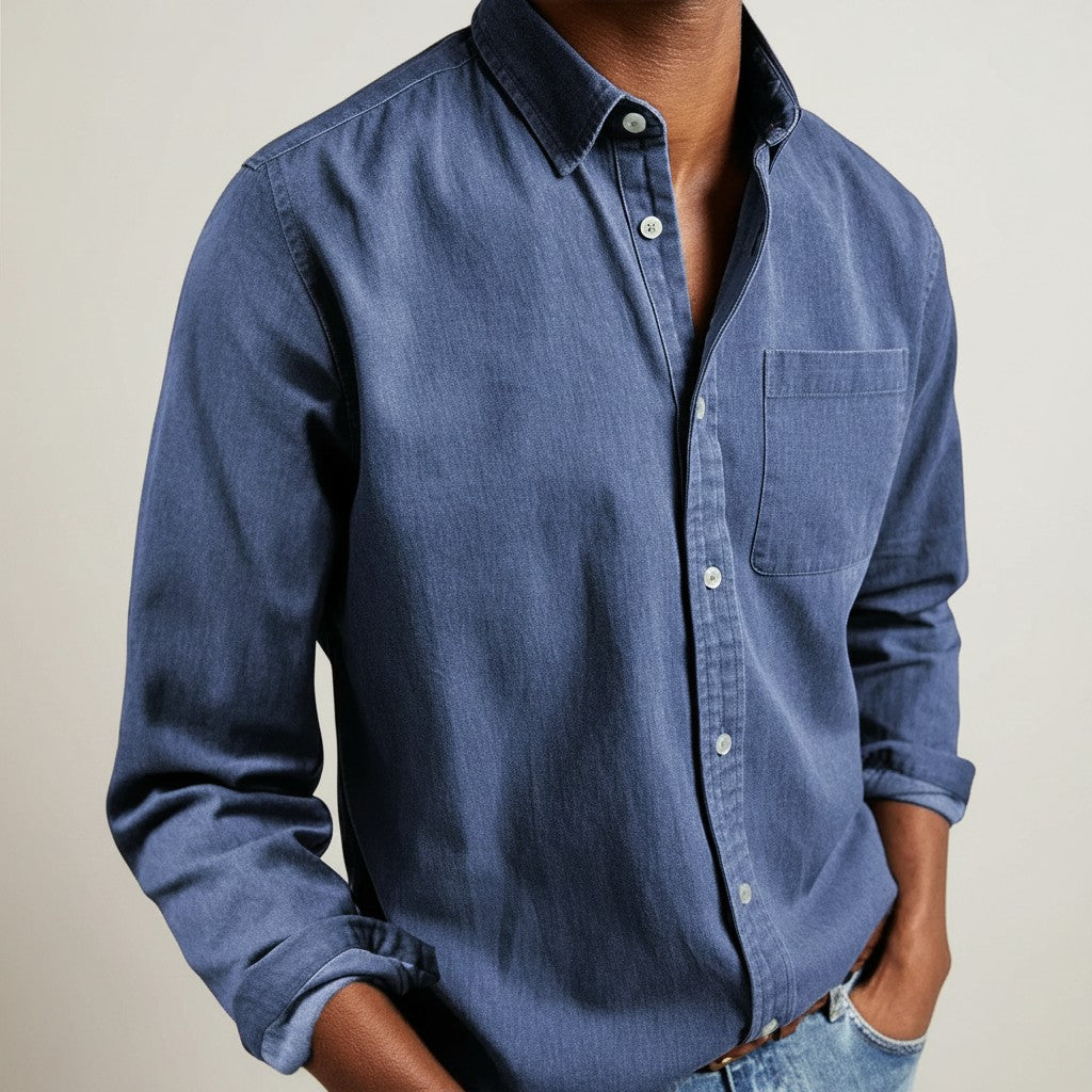 Men's slim fit long sleeve button-up shirt, solid denim-blue with chest pocket