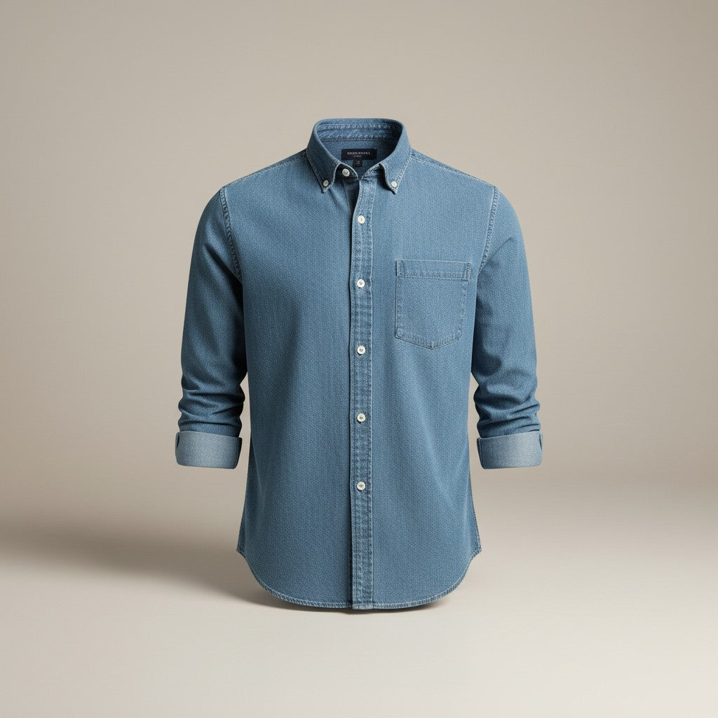 Men's slim fit long sleeve button-up shirt, solid light denim-blue with chest pocket