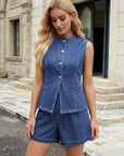 Blue denim vest and shorts set with button front, sleeveless vest