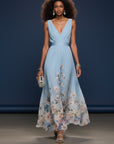 Light blue sleeveless V-neck maxi dress with floral panel hem and gathered waist