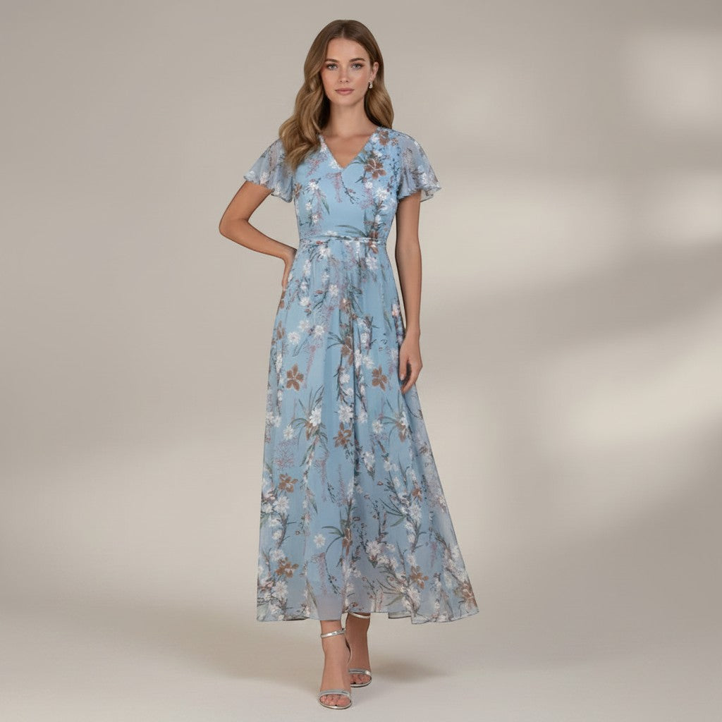 Blue floral chiffon midi dress with V-neck and short flutter sleeves, cinched waist