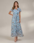 Blue floral chiffon midi dress with V-neck and short flutter sleeves, cinched waist