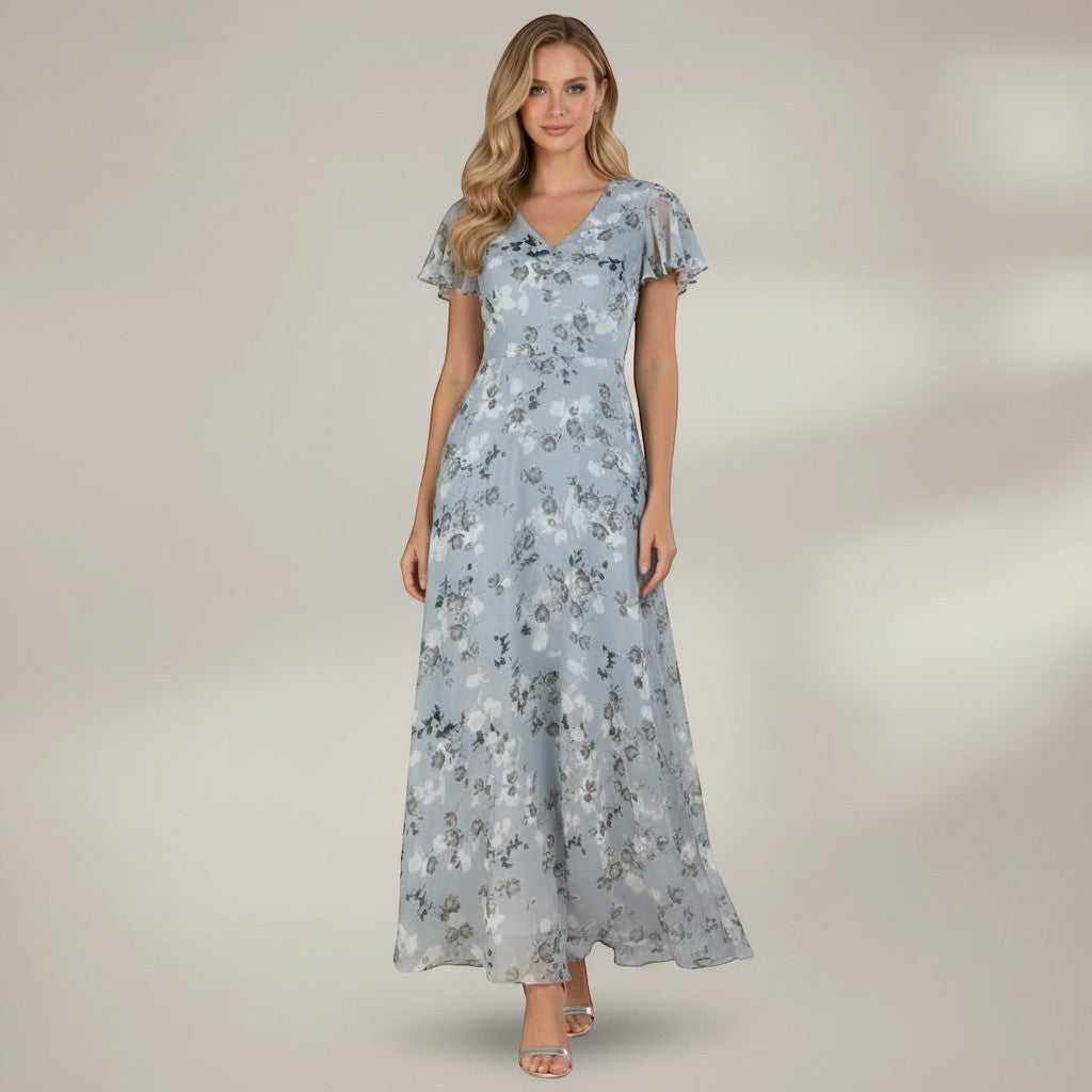 Light blue floral chiffon midi dress with V-neck and short flutter sleeves
