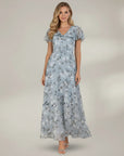 Light blue floral chiffon midi dress with V-neck and short flutter sleeves