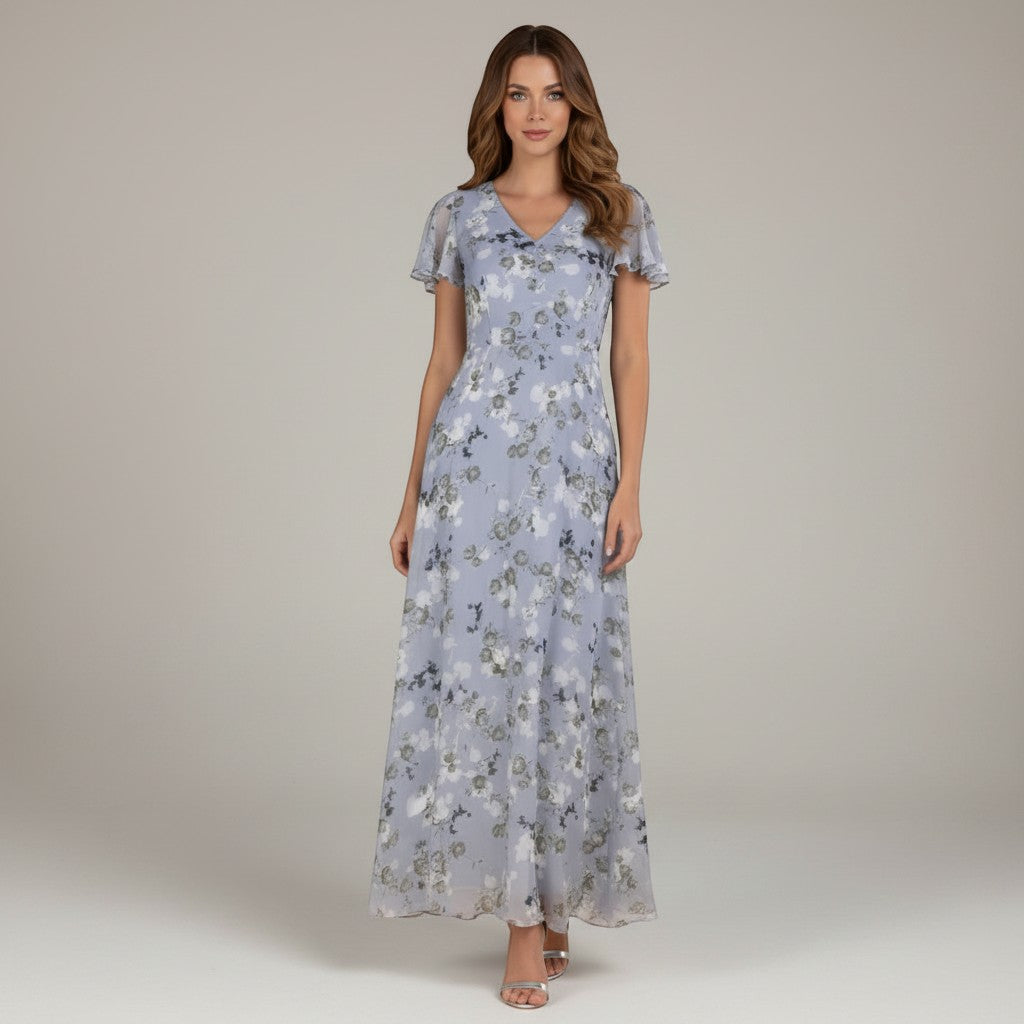 Lavender floral chiffon midi dress with V-neck and short flutter sleeves