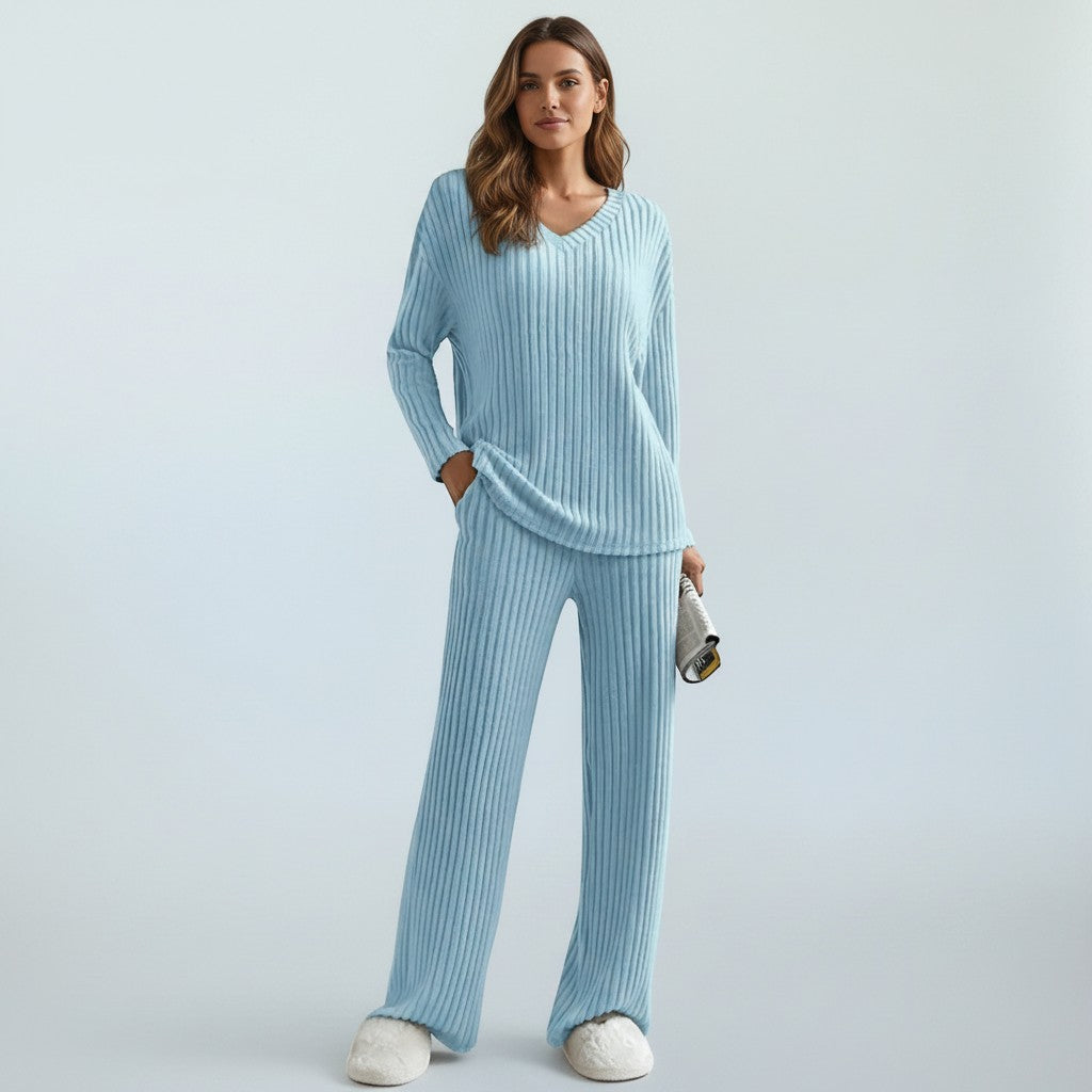 Ribbed knit loungewear set with V-neck top and wide-leg trousers, light blue