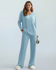 Ribbed knit loungewear set with V-neck top and wide-leg trousers, light blue