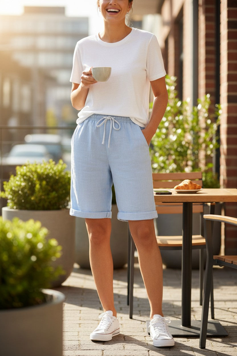 Women’s linen bermuda shorts, light blue drawstring waist, relaxed breathable fit