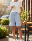 Women’s linen bermuda shorts, light blue drawstring waist, relaxed breathable fit