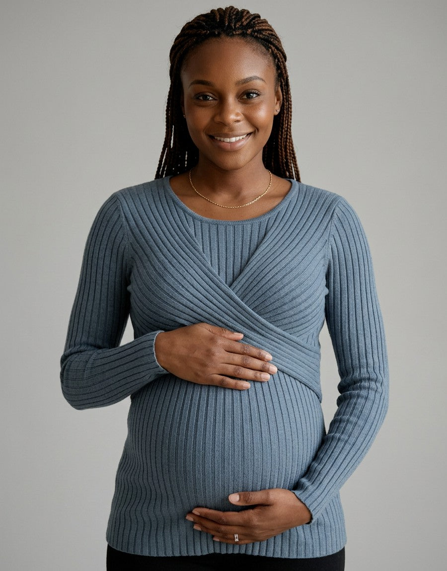 Blue ribbed maternity midi dress with long sleeves and wrap-front crossover bodice