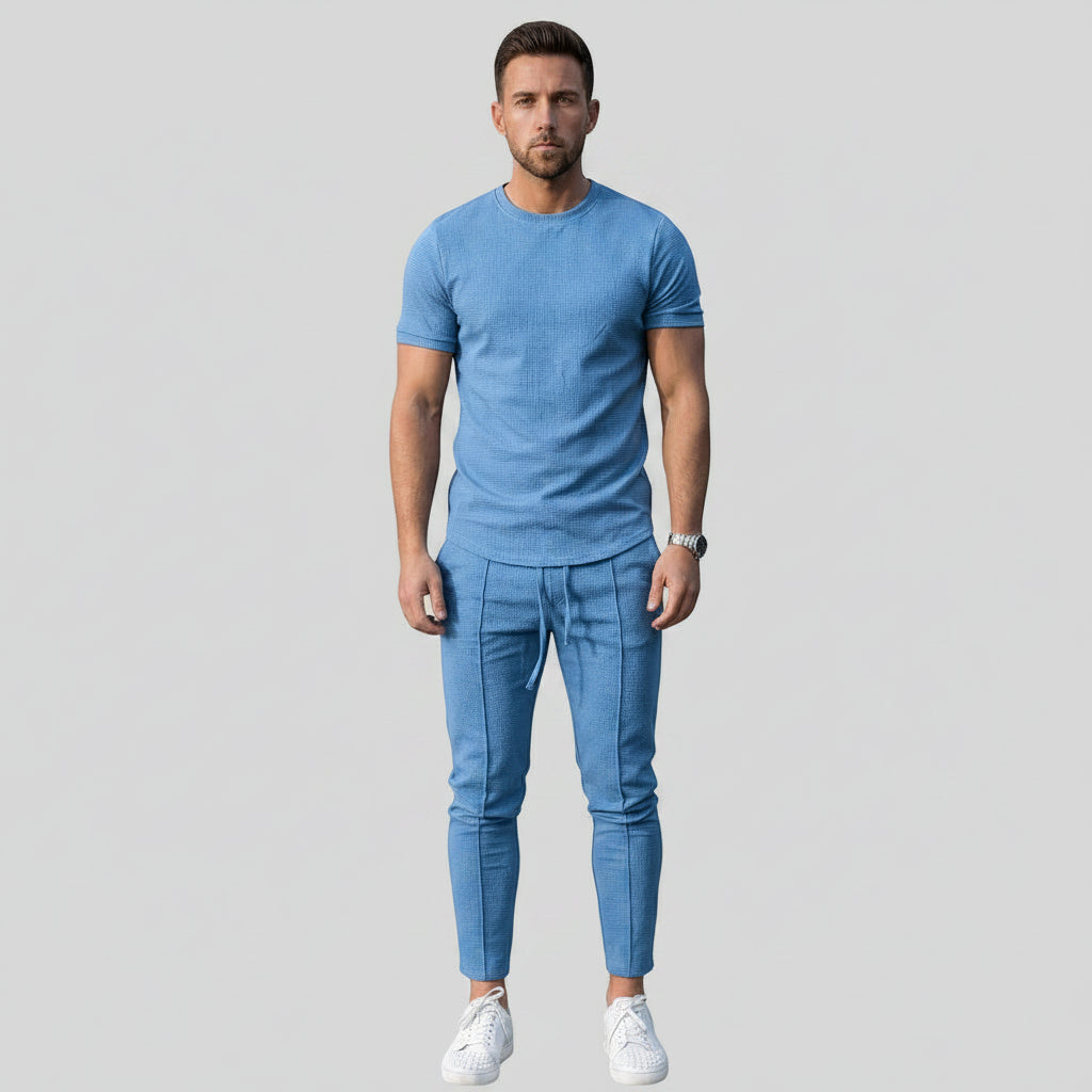 Blue men's 2-piece co-ord set: crew-neck t-shirt and tapered jogger pants