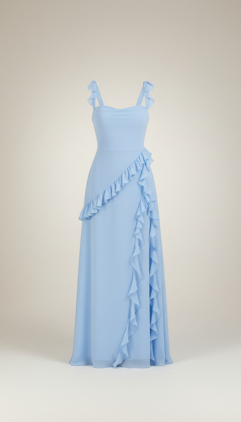 Light blue maxi dress with ruffled skirt tiers and thin spaghetti straps