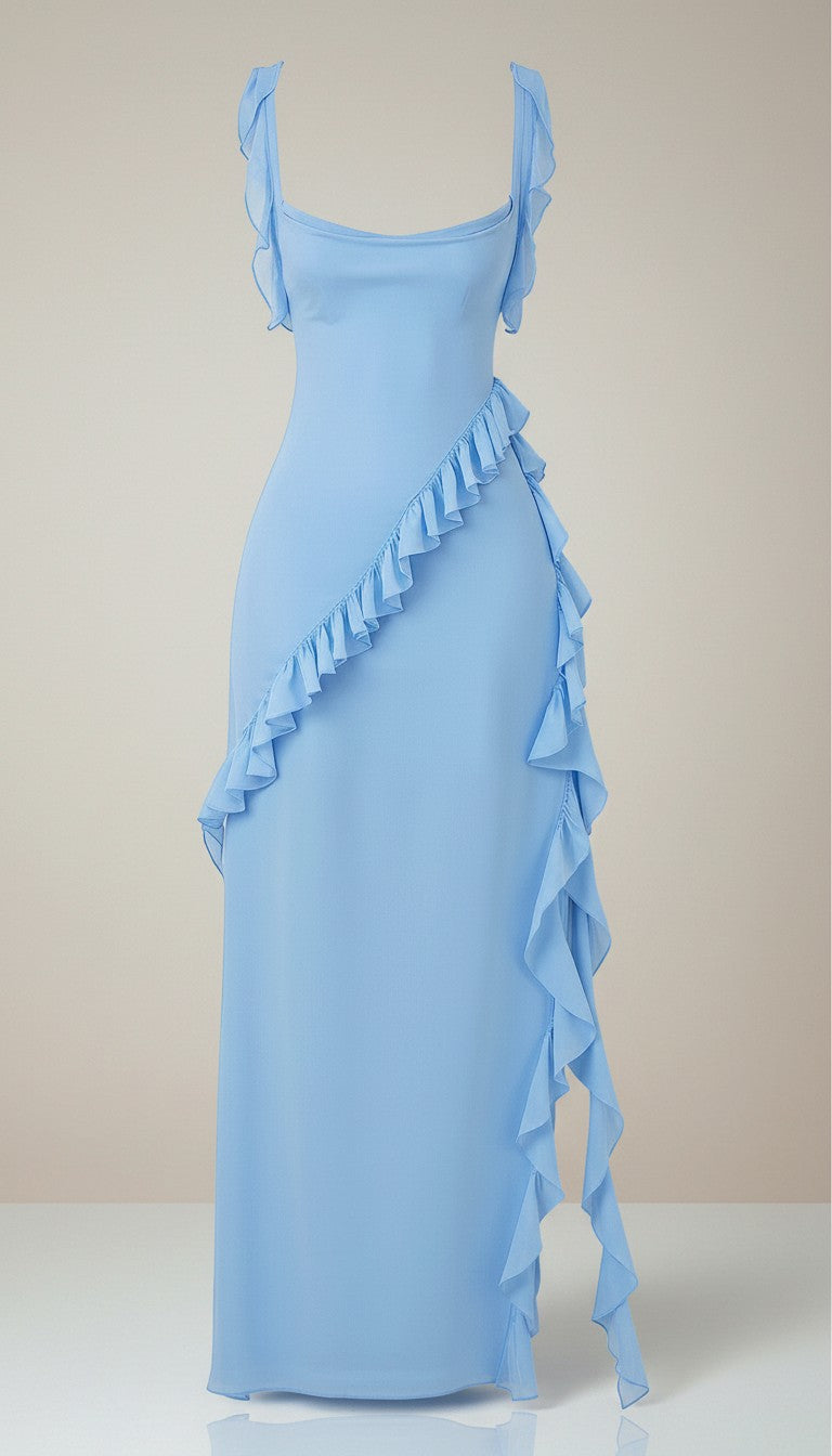 Light blue maxi dress with draped side ruffles and bow tie shoulder straps