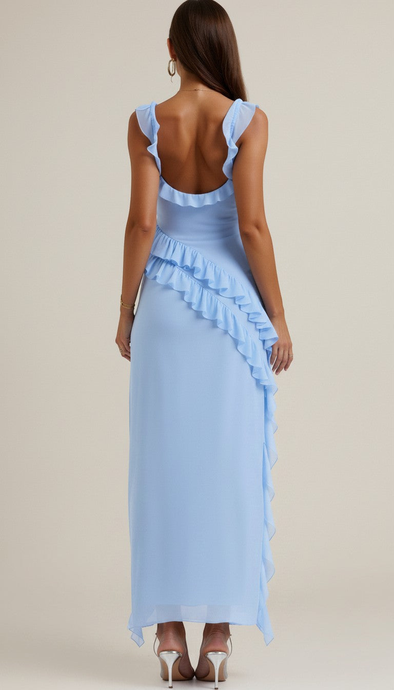 Light blue maxi dress with thin straps and ruffled backless-style design