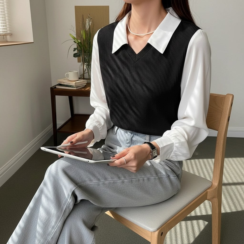 Black V-neck knit blouse with white pointed collar and long sleeves