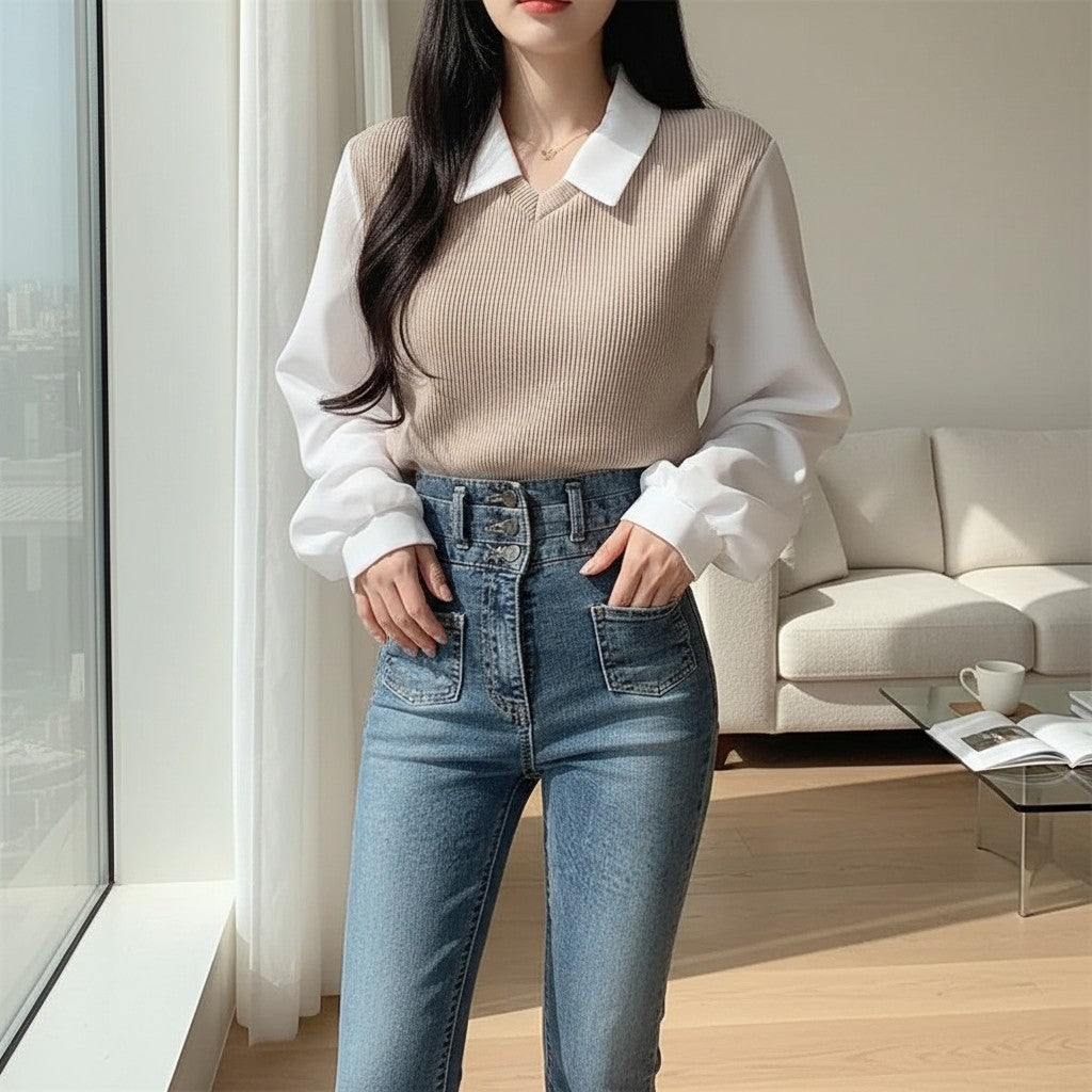 Beige V-neck knit blouse with white collar and long sleeves